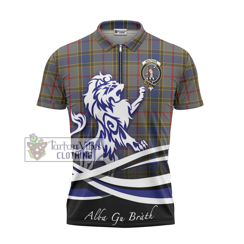 Balfour Tartan Zipper Polo Shirt with Alba Gu Brath Regal Lion Emblem - Tartanvibesclothing Shop