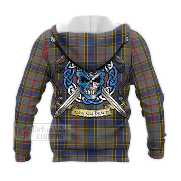 Balfour Tartan Knitted Hoodie with Family Crest Celtic Skull Style