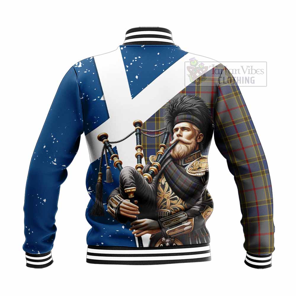 Tartan Vibes Clothing Balfour Tartan Baseball Jacket with Family Crest Scottish Bagpiper Vibes