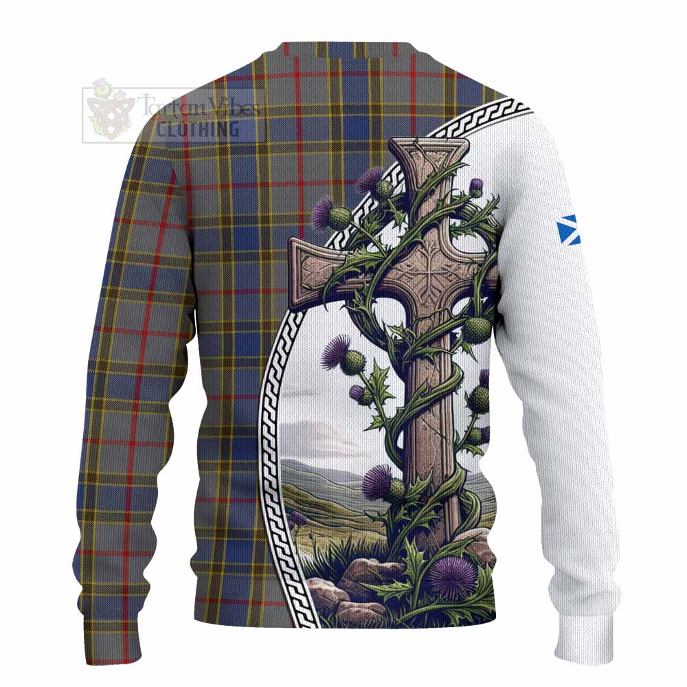 Tartan Vibes Clothing Balfour Tartan Knitted Sweater with Family Crest and St. Andrew's Cross Accented by Thistle Vines