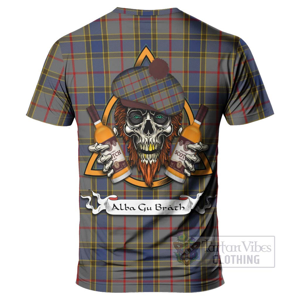 Tartan Vibes Clothing Balfour Tartan T-Shirt with Family Crest and Bearded Skull Holding Bottles of Whiskey