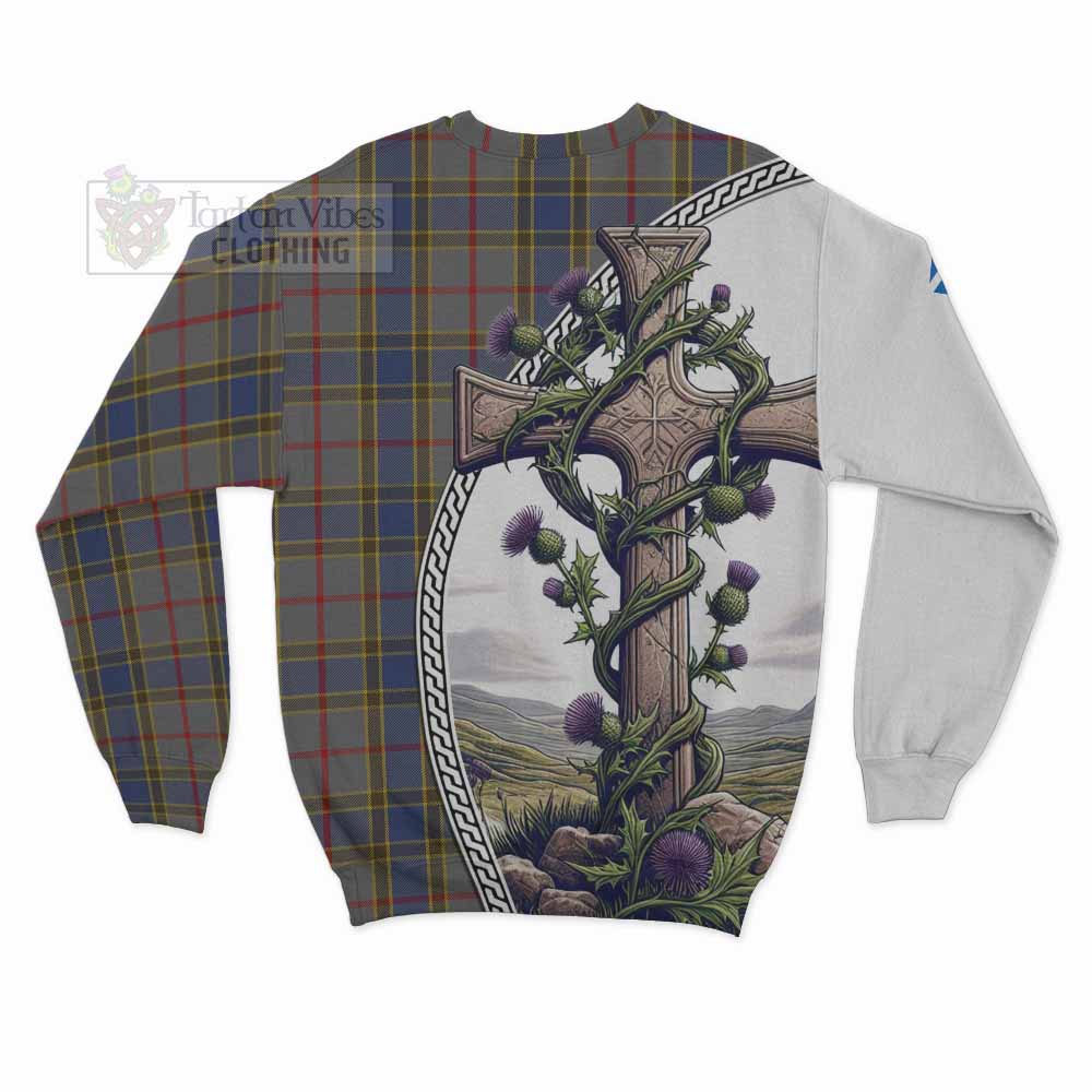 Tartan Vibes Clothing Balfour Tartan Sweatshirt with Family Crest and St. Andrew's Cross Accented by Thistle Vines