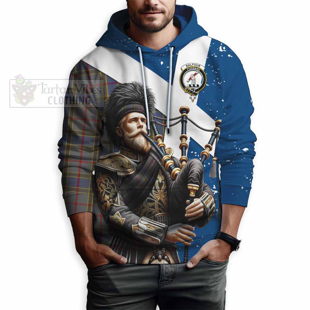 Tartan Vibes Clothing Balfour Tartan Hoodie with Family Crest Scottish Bagpiper Vibes