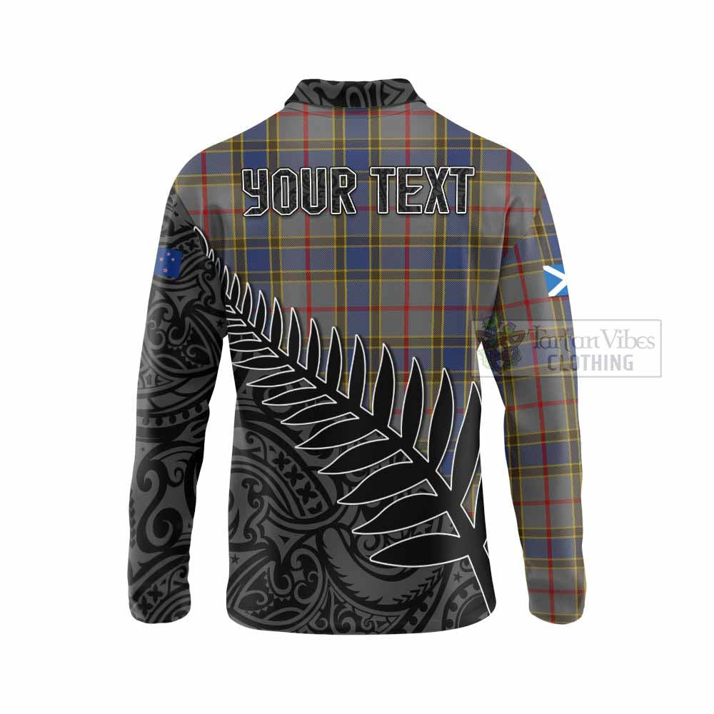 Tartan Vibes Clothing Balfour Crest Tartan Long Sleeve Polo Shirt with New Zealand Silver Fern Half Style