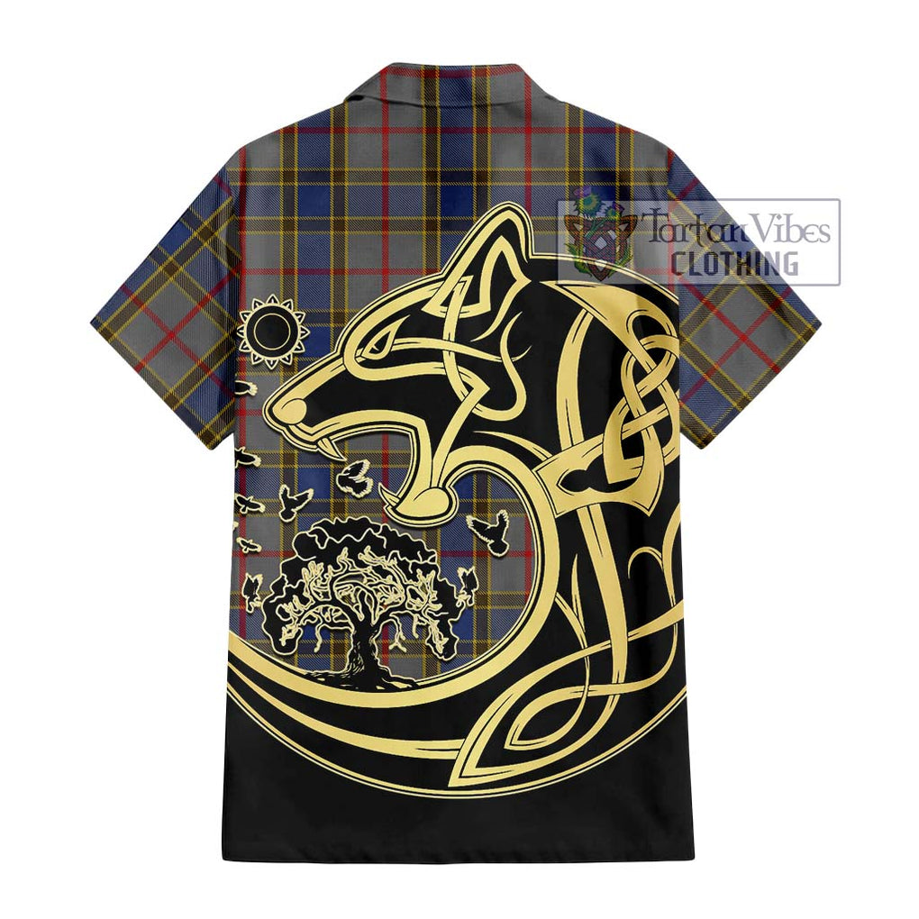 Balfour Tartan Short Sleeve Button Shirt with Family Crest Celtic Wolf Style - Tartan Vibes Clothing