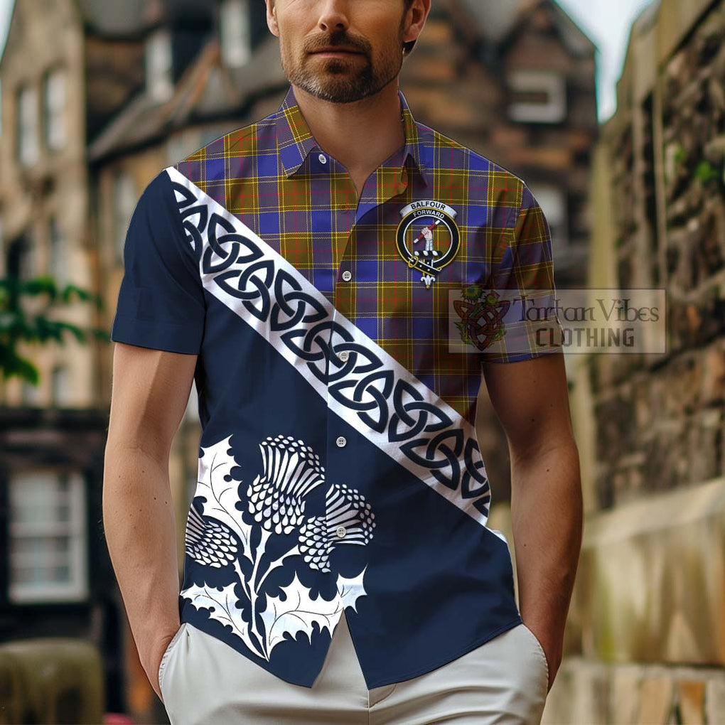 Tartan Vibes Clothing Balfour Tartan Short Sleeve Button Shirt Featuring Thistle and Scotland Map