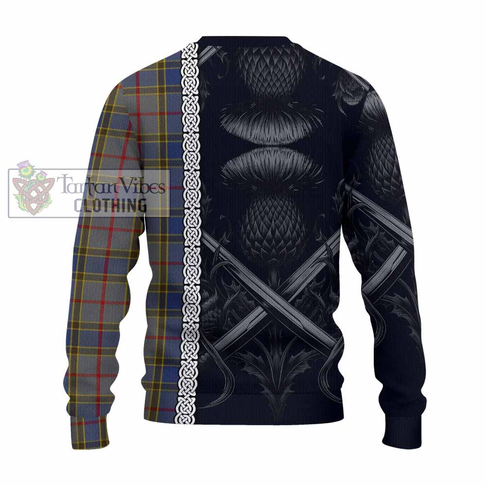 Tartan Vibes Clothing Balfour Tartan Knitted Sweater with Family Crest Cross Sword Thistle Celtic Vibes