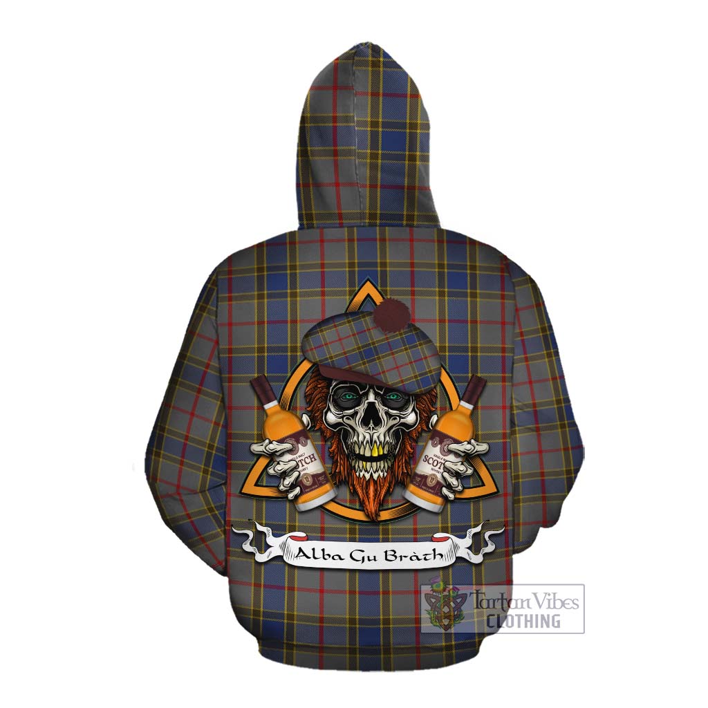 Tartan Vibes Clothing Balfour Tartan Cotton Hoodie with Family Crest and Bearded Skull Holding Bottles of Whiskey