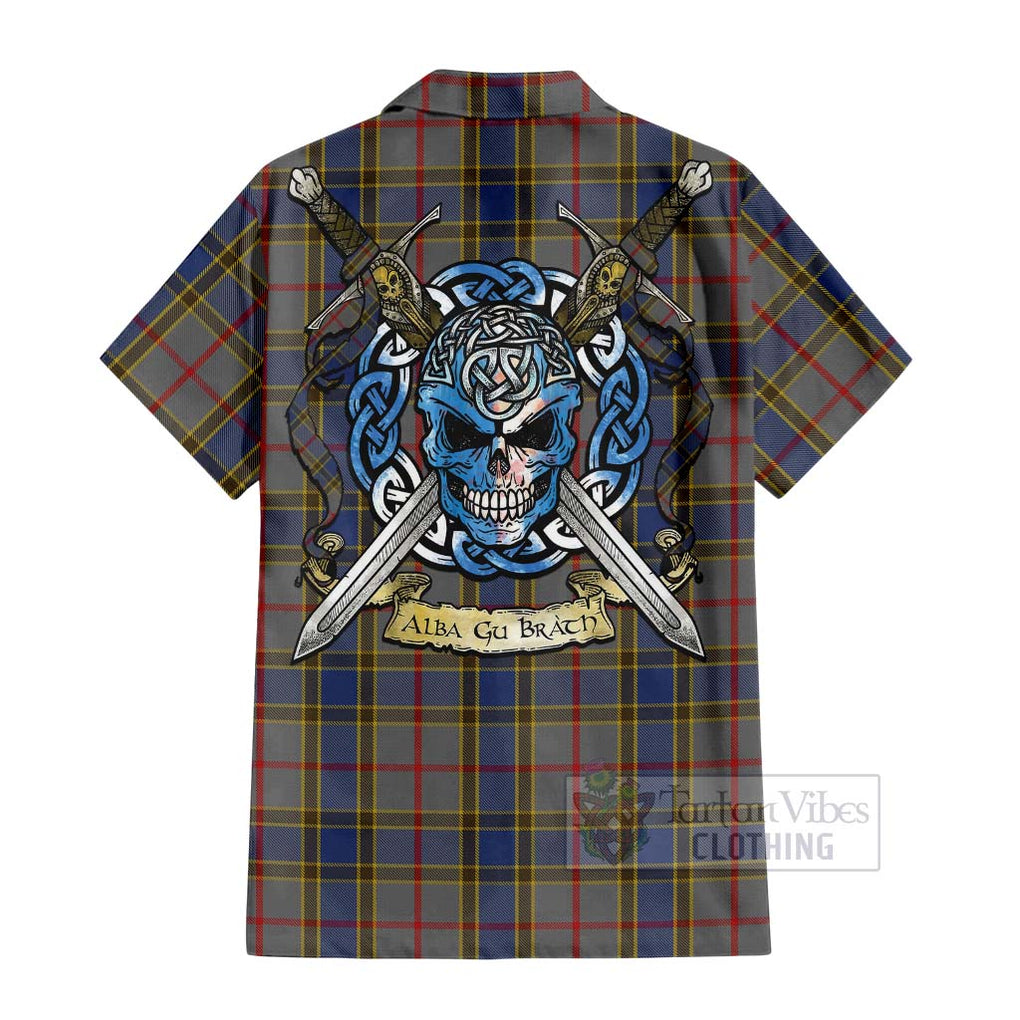 Tartan Vibes Clothing Balfour Tartan Short Sleeve Button Shirt with Family Crest Celtic Skull Style