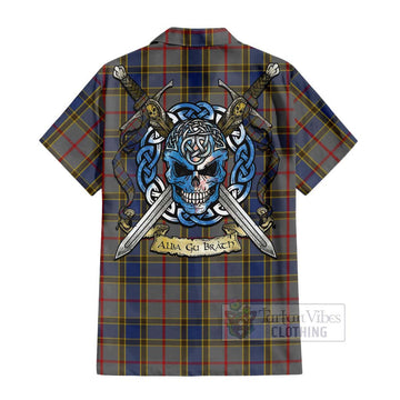 Balfour Tartan Short Sleeve Button Shirt with Family Crest Celtic Skull Style