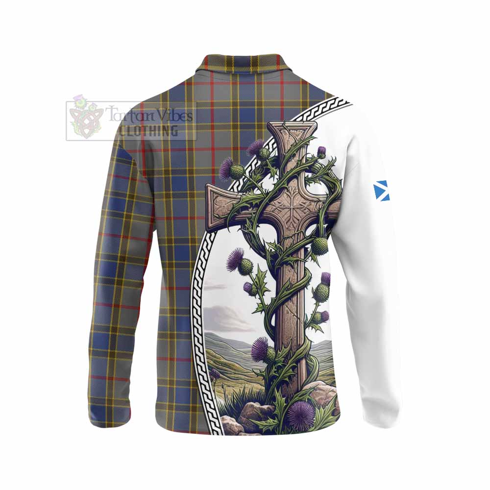 Tartan Vibes Clothing Balfour Tartan Long Sleeve Polo Shirt with Family Crest and St. Andrew's Cross Accented by Thistle Vines