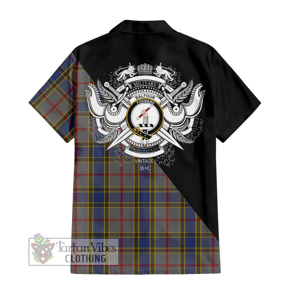 Balfour Tartan Short Sleeve Button Shirt with Family Crest and Military Logo Style - Tartanvibesclothing Shop