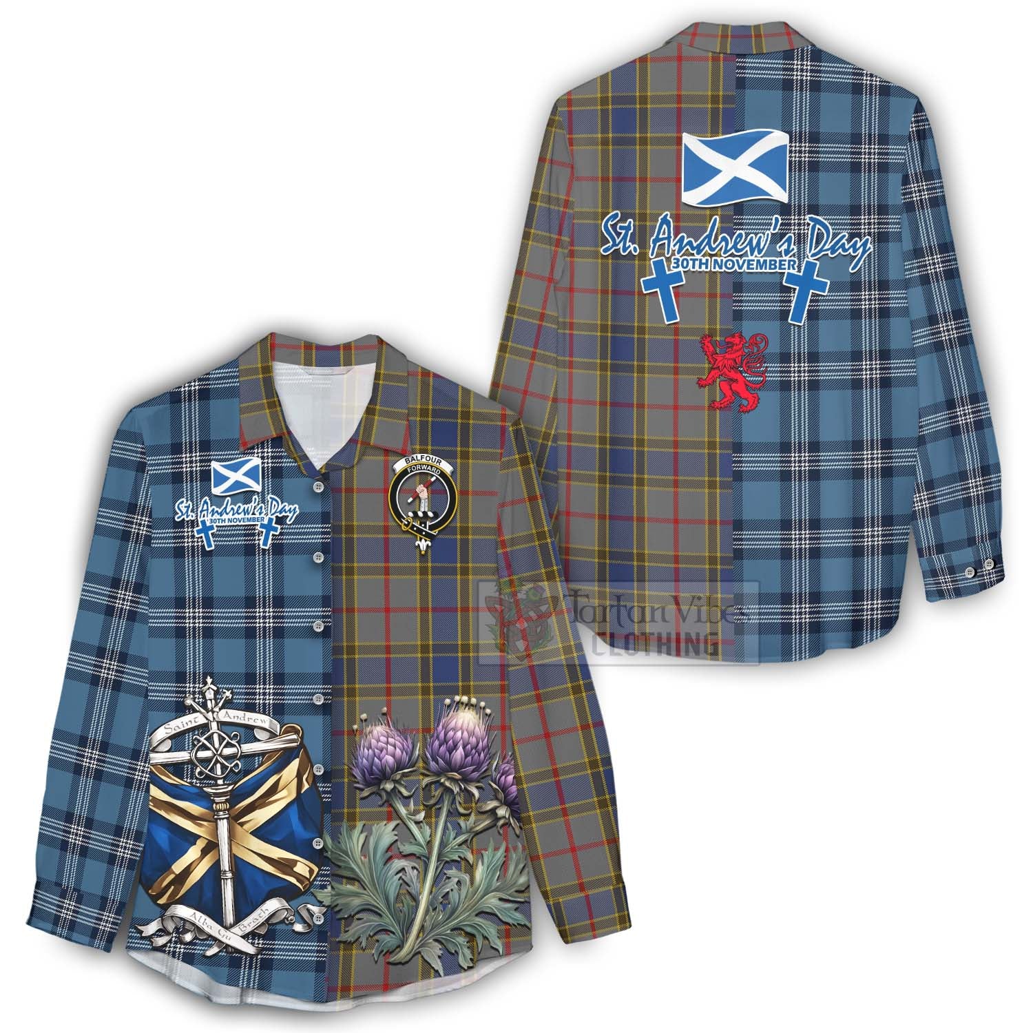 Tartan Vibes Clothing Balfour Tartan Women's Casual Shirt Happy St. Andrew's Day Half Tartan Style