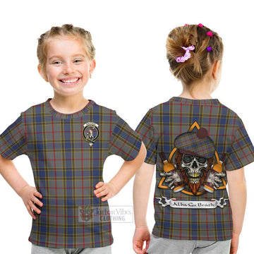 Balfour Tartan Kid T-Shirt with Family Crest and Bearded Skull Holding Bottles of Whiskey - Tartan Vibes Clothing