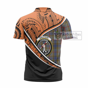 Balfour Crest Tartan Zipper Polo Shirt with Polynesian Vibes Style - Orange Version