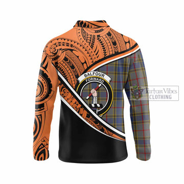 Balfour Crest Tartan Long Sleeve Polo Shirt with Polynesian Vibes Style - Orange Version