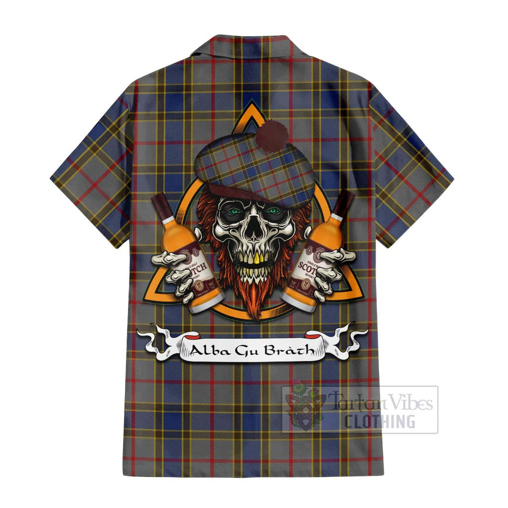 Tartan Vibes Clothing Balfour Tartan Short Sleeve Button Shirt with Family Crest and Bearded Skull Holding Bottles of Whiskey