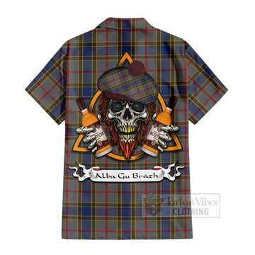 Balfour Tartan Short Sleeve Button Shirt with Family Crest and Bearded Skull Holding Bottles of Whiskey