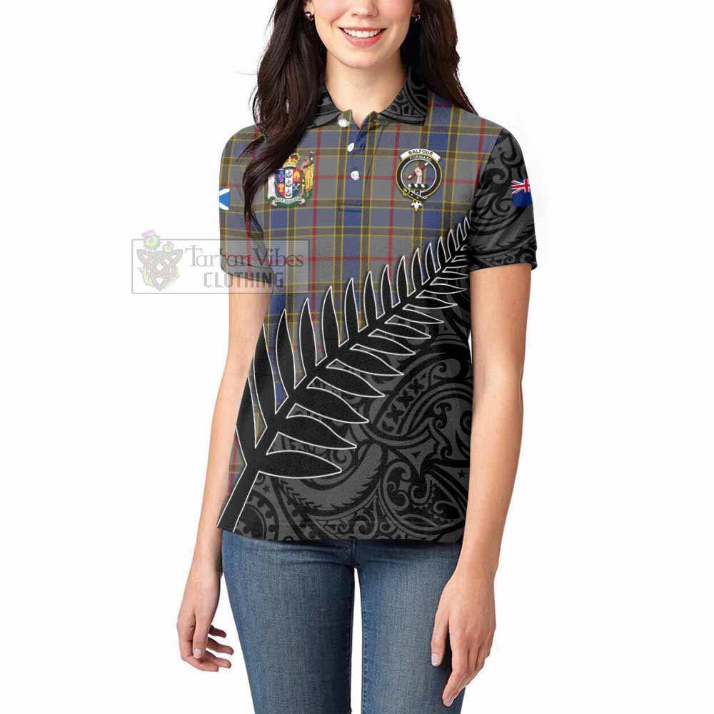 Tartan Vibes Clothing Balfour Crest Tartan Women's Polo Shirt with New Zealand Silver Fern Half Style