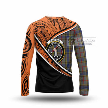 Balfour Crest Tartan Long Sleeve T-Shirt with Polynesian Vibes Style - Orange Version