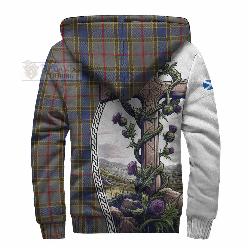 Tartan Vibes Clothing Balfour Tartan Sherpa Hoodie with Family Crest and St. Andrew's Cross Accented by Thistle Vines