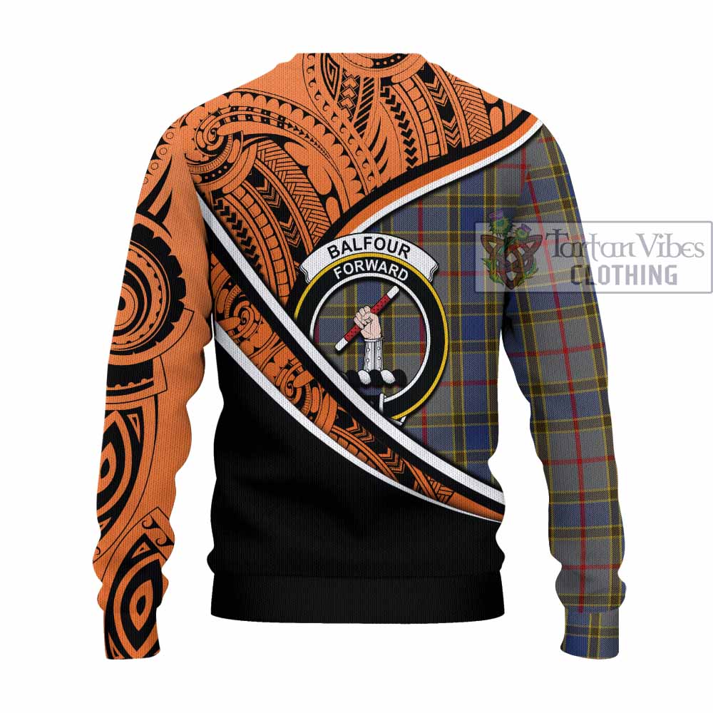 Tartan Vibes Clothing Balfour Crest Tartan Knitted Sweater with Maori Tattoo Style - Orange Version