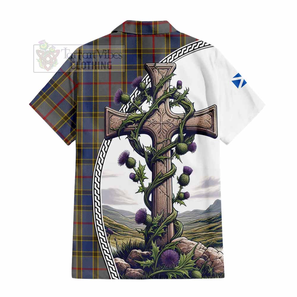 Tartan Vibes Clothing Balfour Tartan Short Sleeve Button Shirt with Family Crest and St. Andrew's Cross Accented by Thistle Vines