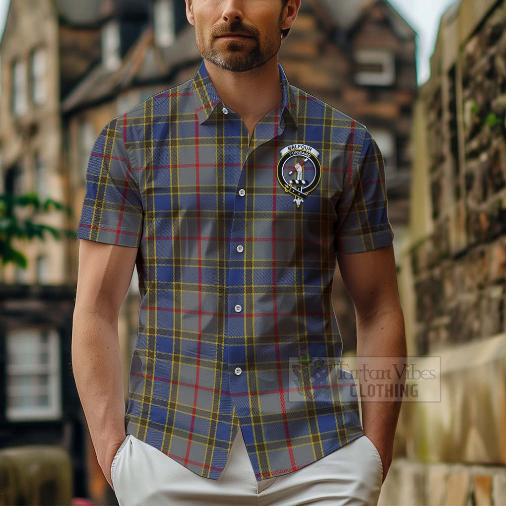 Tartan Vibes Clothing Balfour Tartan Short Sleeve Button Shirt with Family Crest and Bearded Skull Holding Bottles of Whiskey