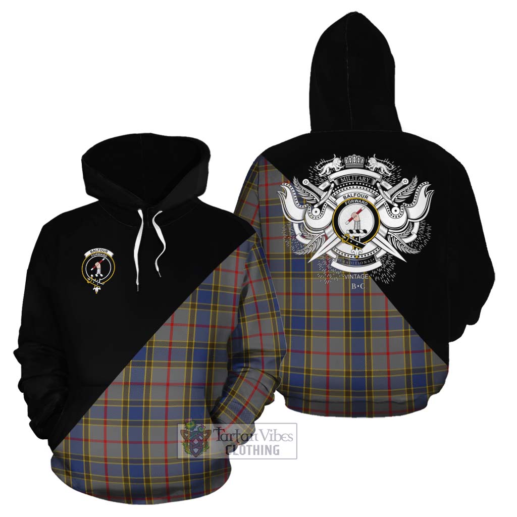 Tartan Vibes Clothing Balfour Tartan Cotton Hoodie with Family Crest and Military Logo Style