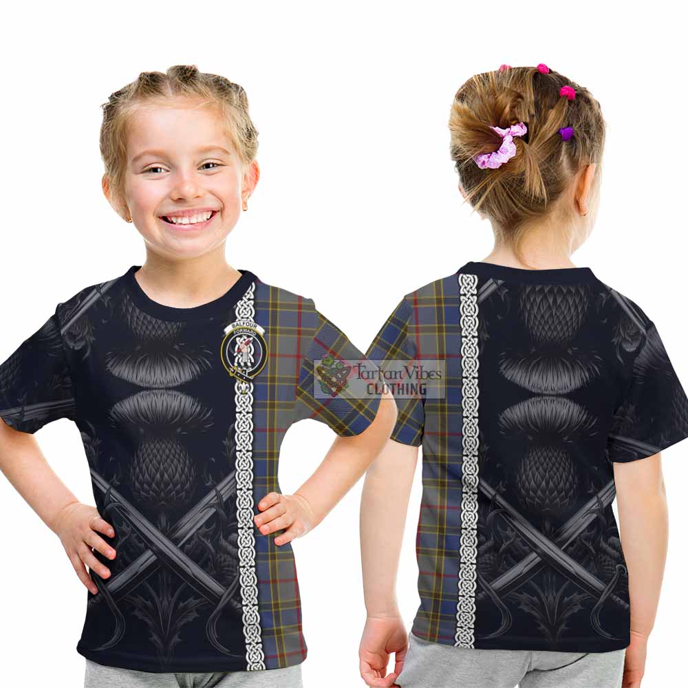 Tartan Vibes Clothing Balfour Tartan Kid T-Shirt with Family Crest Cross Sword Thistle Celtic Vibes