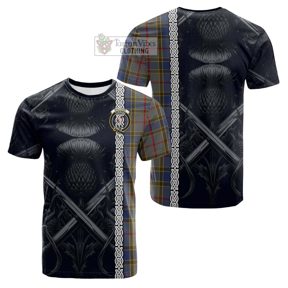 Tartan Vibes Clothing Balfour Tartan Cotton T-shirt with Family Crest Cross Sword Thistle Celtic Vibes