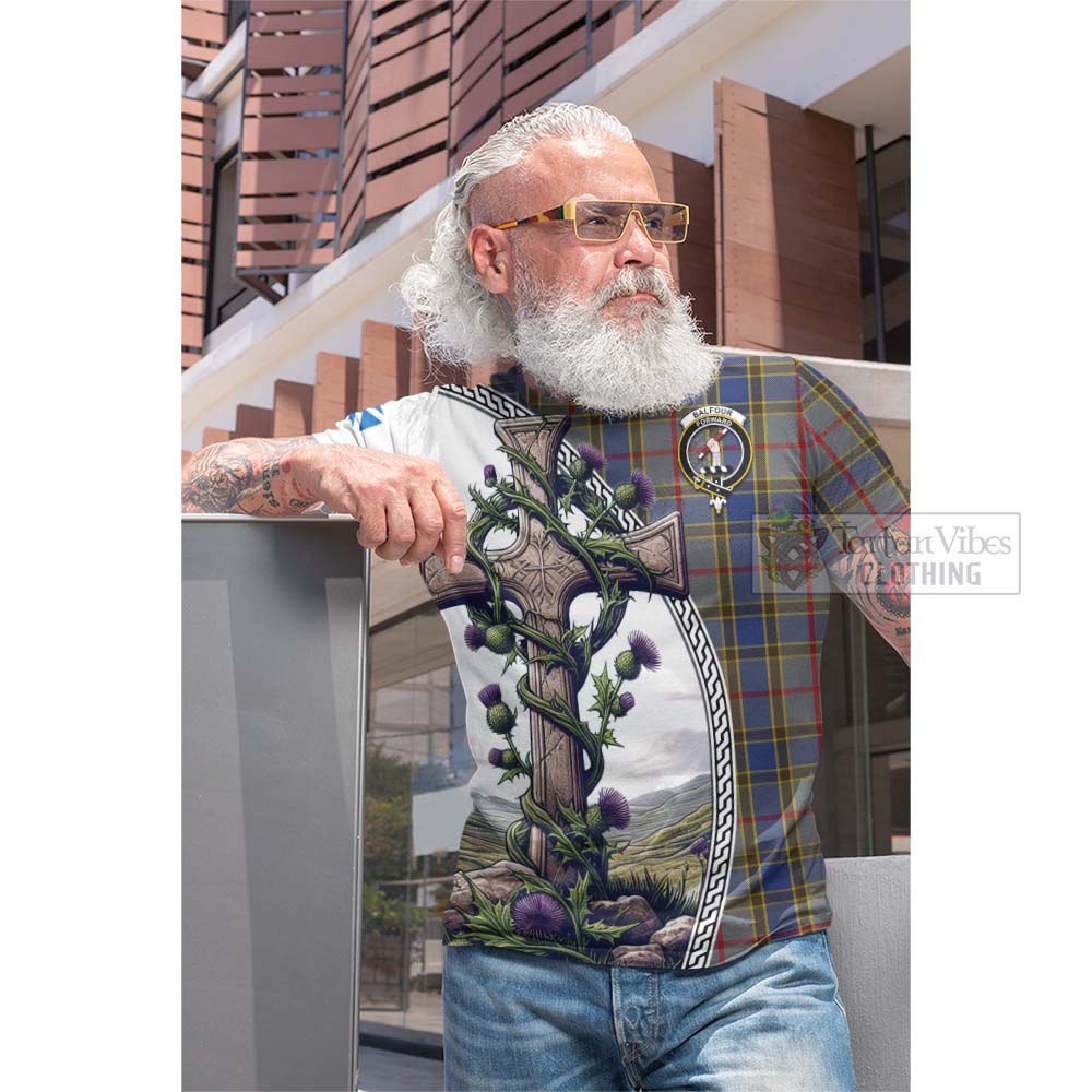 Tartan Vibes Clothing Balfour Tartan Cotton T-shirt with Family Crest and St. Andrew's Cross Accented by Thistle Vines