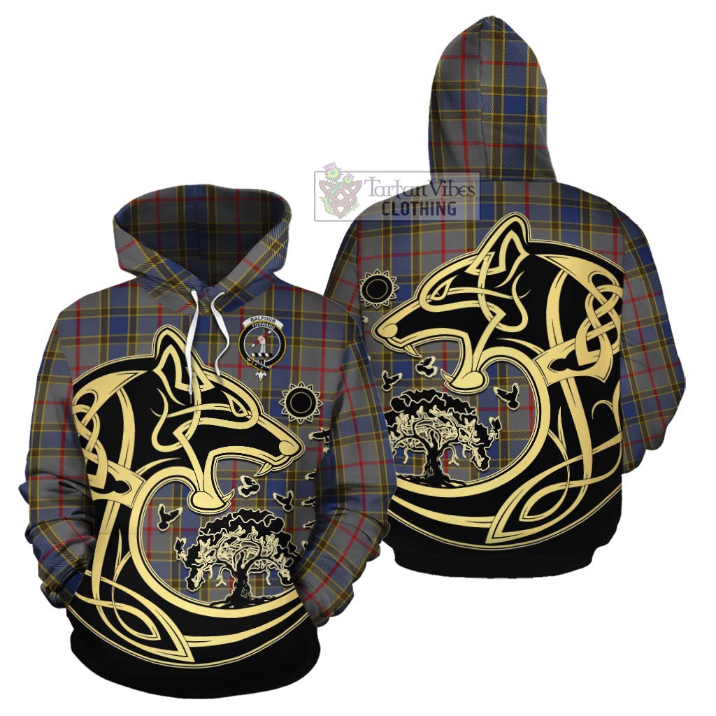 Tartan Vibes Clothing Balfour Tartan Cotton Hoodie with Family Crest Celtic Wolf Style