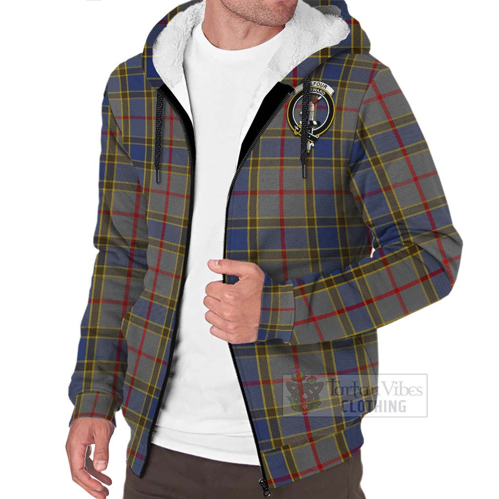 Tartan Vibes Clothing Balfour Tartan Sherpa Hoodie with Family Crest and Bearded Skull Holding Bottles of Whiskey