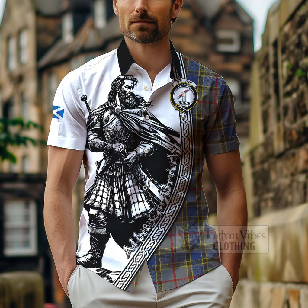 Tartan Vibes Clothing Balfour Tartan Clan Crest Short Sleeve Button Shirt with Highlander Warrior Celtic Style