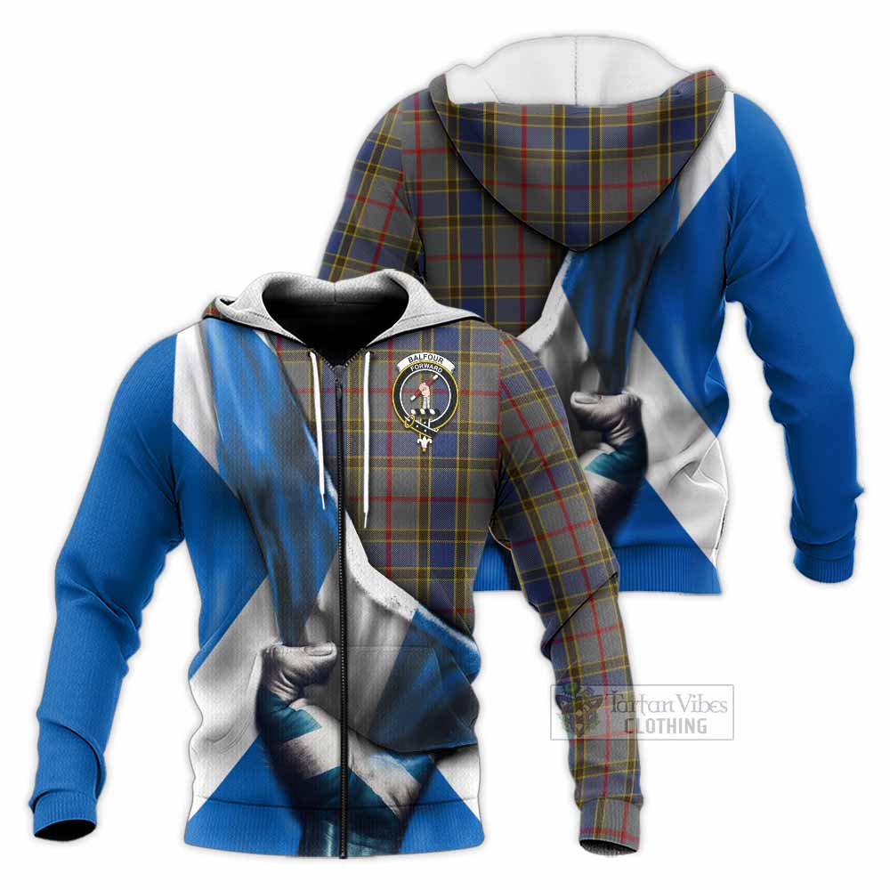 Tartan Vibes Clothing Balfour Tartan Knitted Hoodie with Family Crest Scotland Patriotic Style