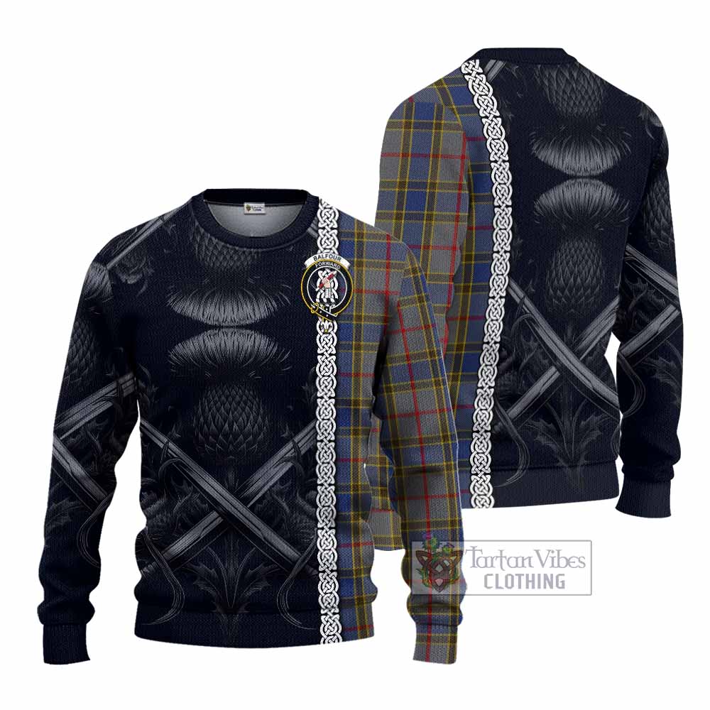 Tartan Vibes Clothing Balfour Tartan Knitted Sweater with Family Crest Cross Sword Thistle Celtic Vibes