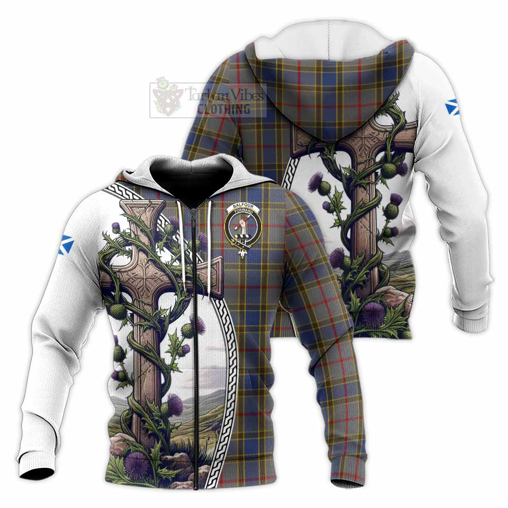 Tartan Vibes Clothing Balfour Tartan Knitted Hoodie with Family Crest and St. Andrew's Cross Accented by Thistle Vines