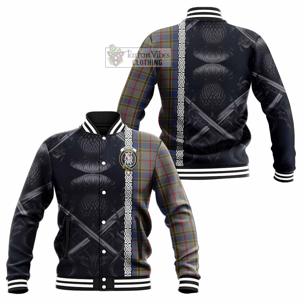 Tartan Vibes Clothing Balfour Tartan Baseball Jacket with Family Crest Cross Sword Thistle Celtic Vibes