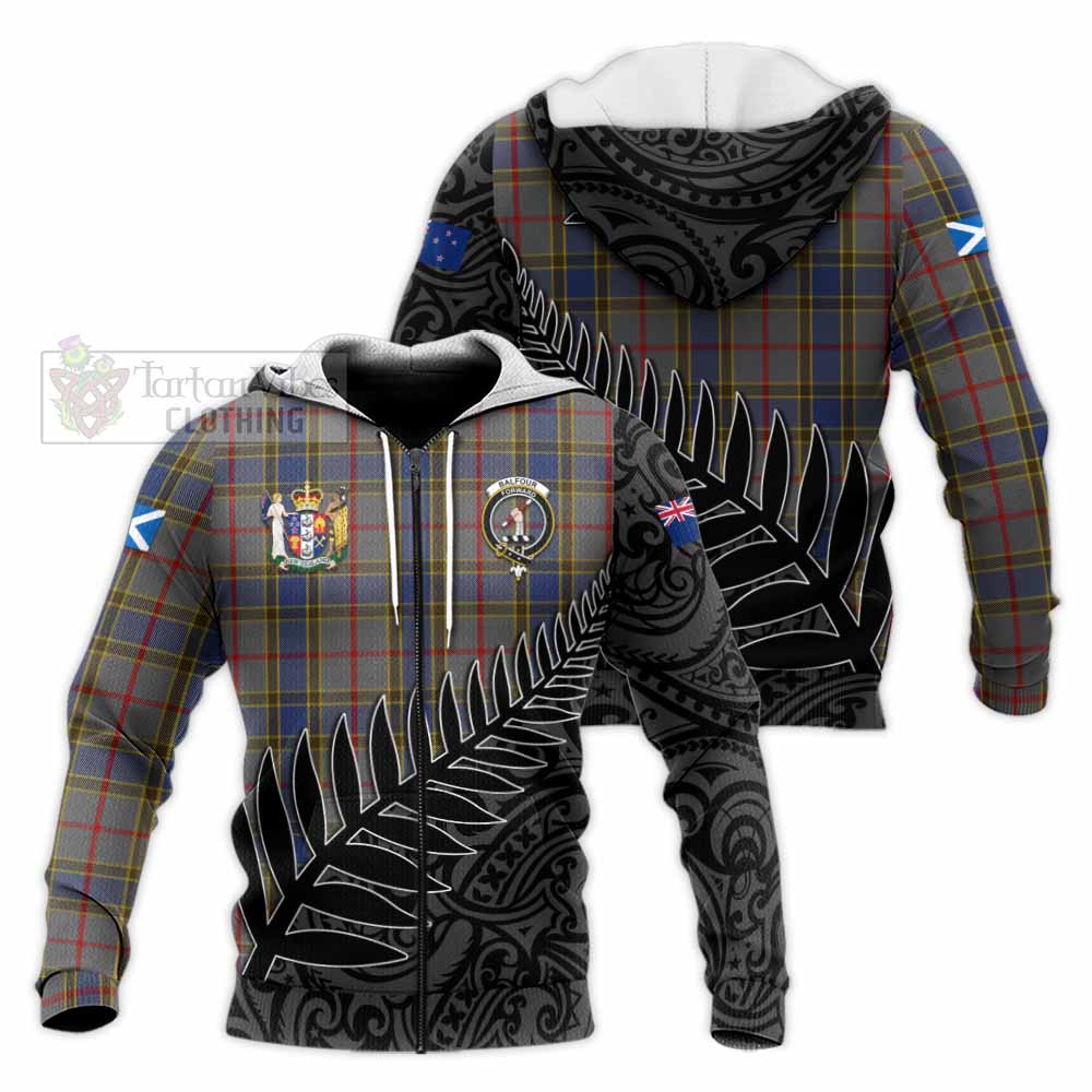 Tartan Vibes Clothing Balfour Crest Tartan Knitted Hoodie with New Zealand Silver Fern Half Style