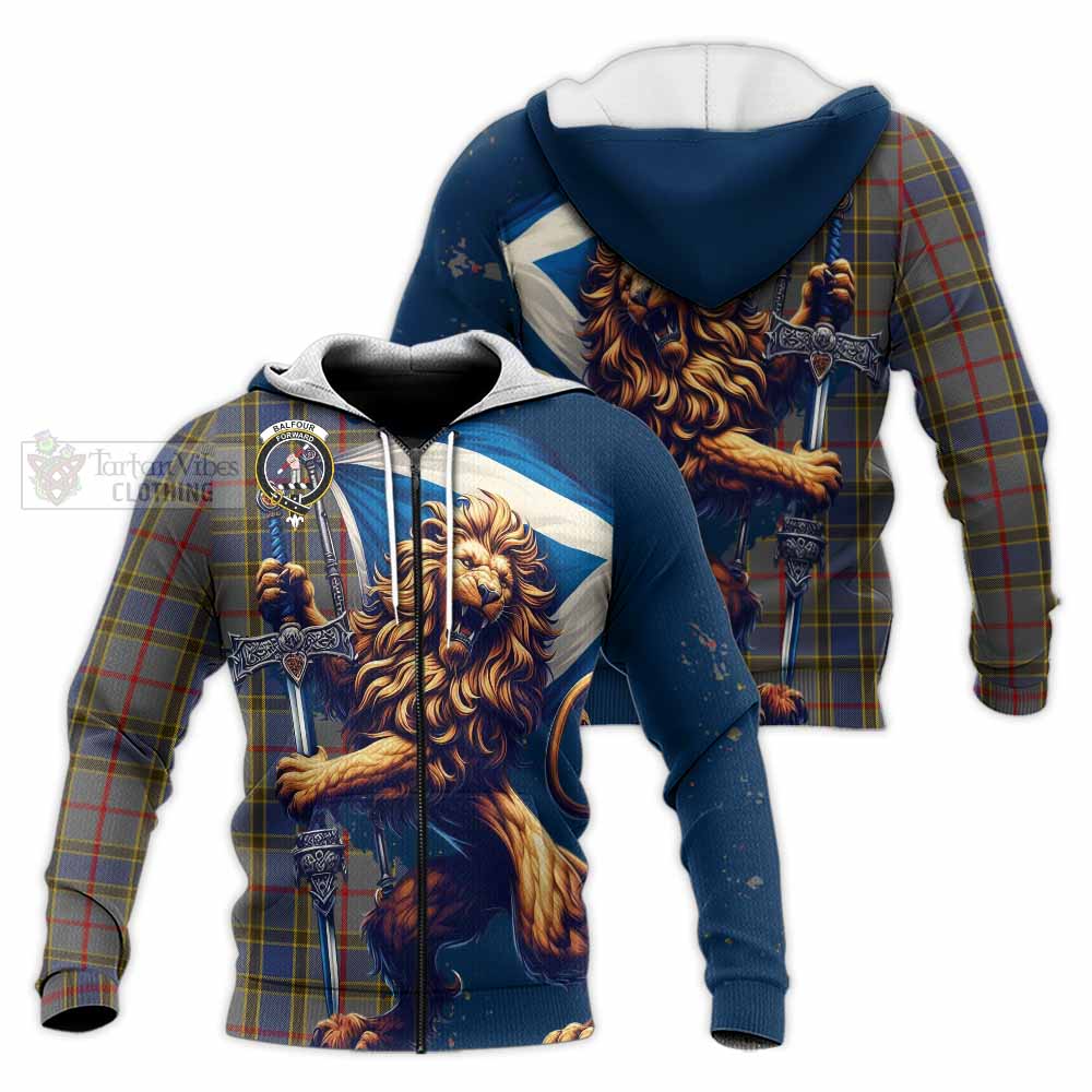 Tartan Vibes Clothing Balfour Tartan Family Crest Knitted Hoodie with Scottish Majestic Lion