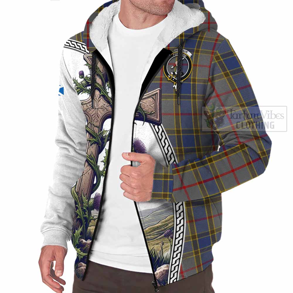 Tartan Vibes Clothing Balfour Tartan Sherpa Hoodie with Family Crest and St. Andrew's Cross Accented by Thistle Vines