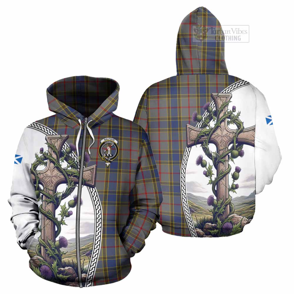 Tartan Vibes Clothing Balfour Tartan Hoodie with Family Crest and St. Andrew's Cross Accented by Thistle Vines