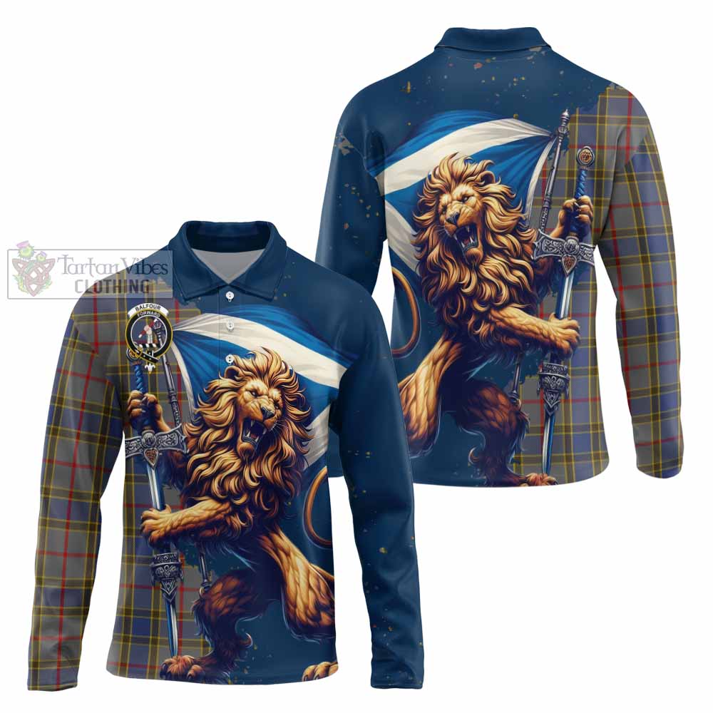 Tartan Vibes Clothing Balfour Tartan Family Crest Long Sleeve Polo Shirt with Scottish Majestic Lion