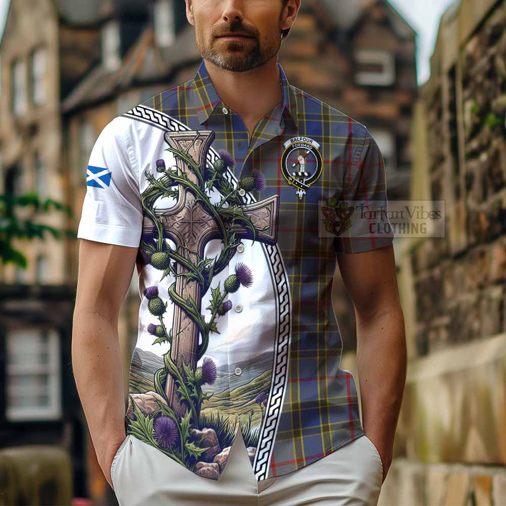 Tartan Vibes Clothing Balfour Tartan Short Sleeve Button Shirt with Family Crest and St. Andrew's Cross Accented by Thistle Vines