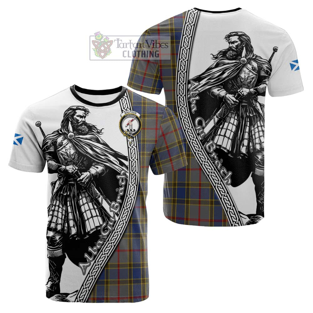 Balfour Tartan Clan Crest Cotton T-shirt with Highlander Warrior Celtic Style