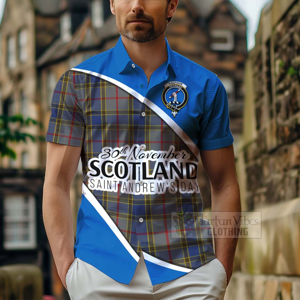 Tartan Vibes Clothing Balfour Family Crest Tartan Short Sleeve Button Shirt Celebrate Saint Andrew's Day in Style