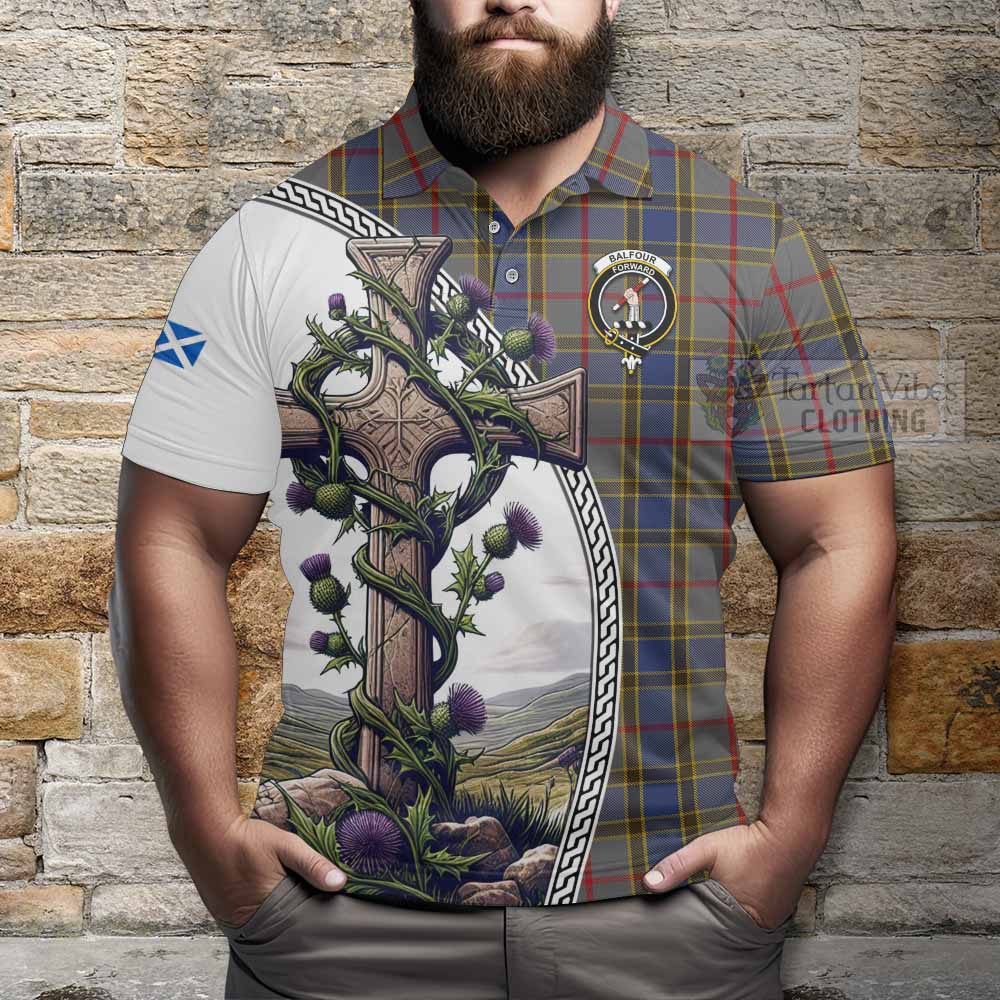 Tartan Vibes Clothing Balfour Tartan Polo Shirt with Family Crest and St. Andrew's Cross Accented by Thistle Vines