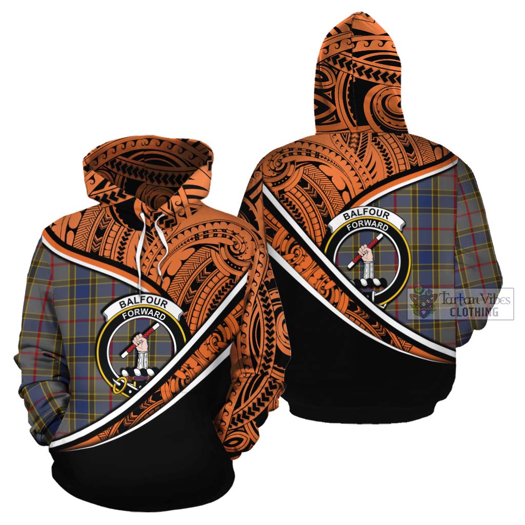 Tartan Vibes Clothing Balfour Crest Tartan Cotton Hoodie with Maori Tattoo Style - Orange Version