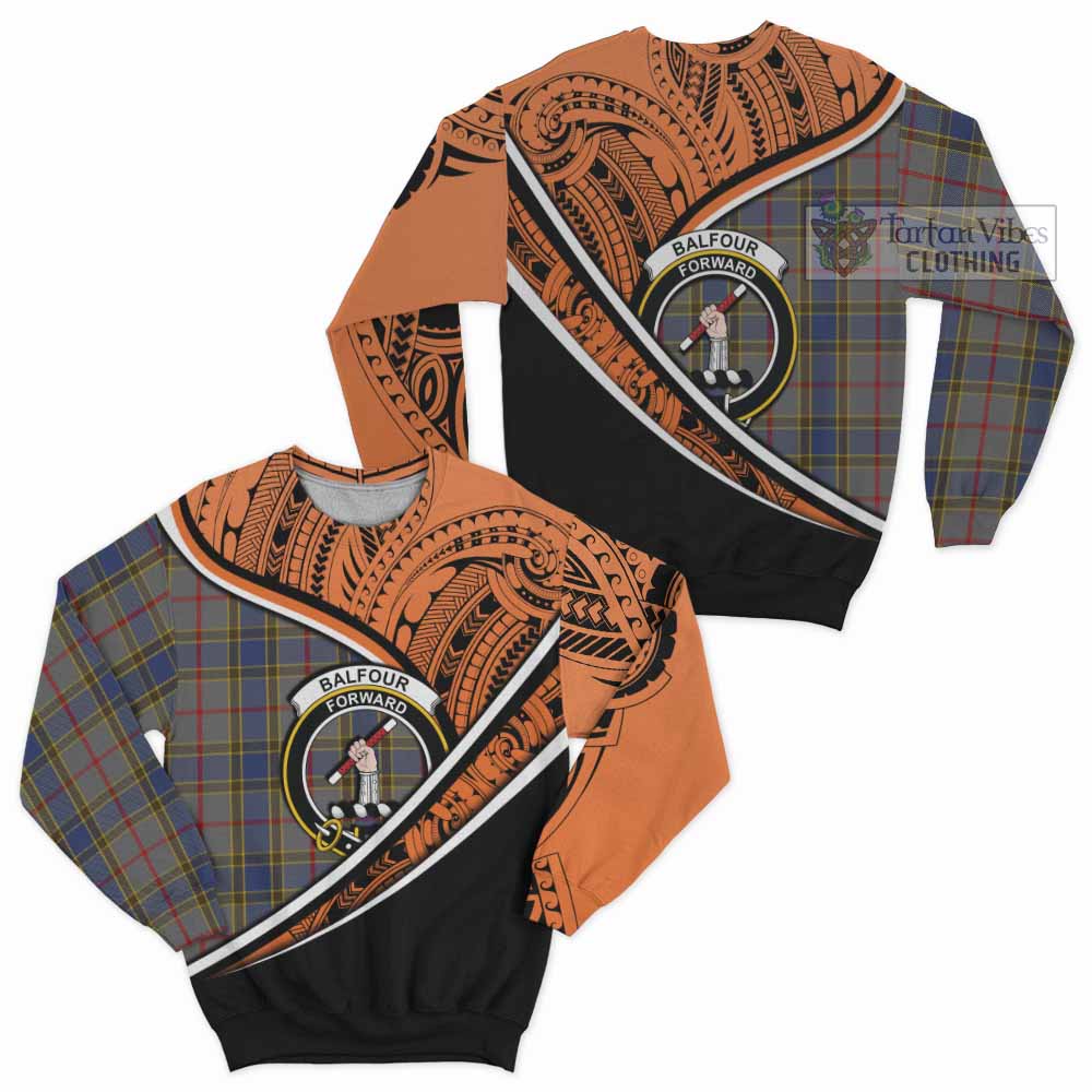 Tartan Vibes Clothing Balfour Crest Tartan Sweatshirt with Maori Tattoo Style - Orange Version